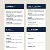 The four laminate-ready cards: Power Cut, Winter Car, Steady, Key Numbers